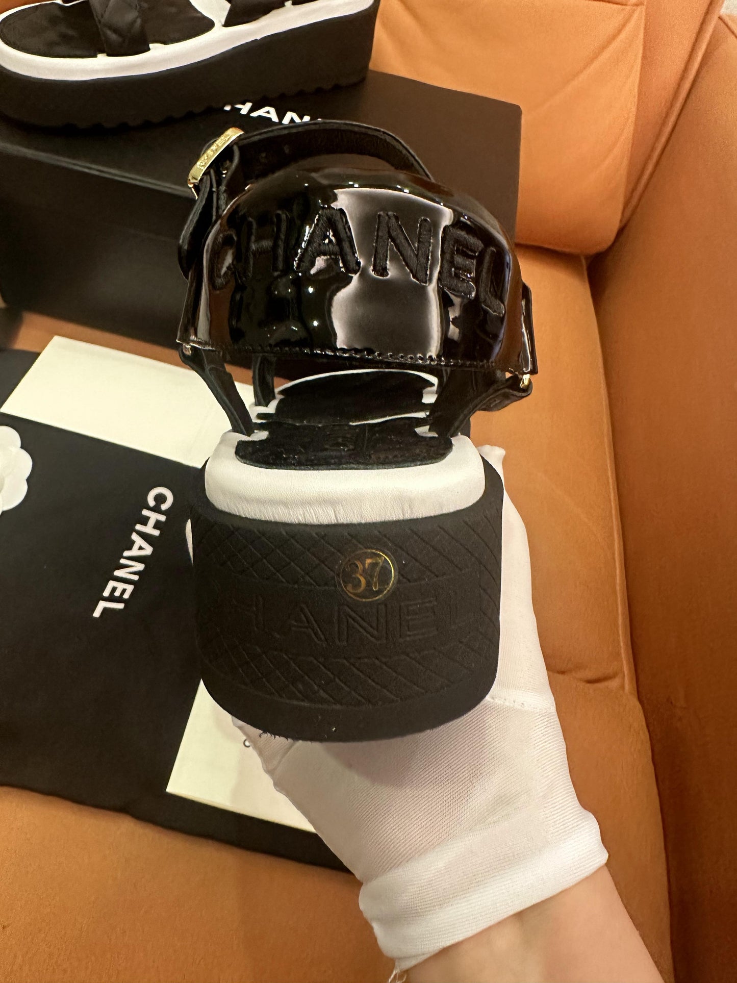 Chanel Lambskin Logo Platform Sandals Black White