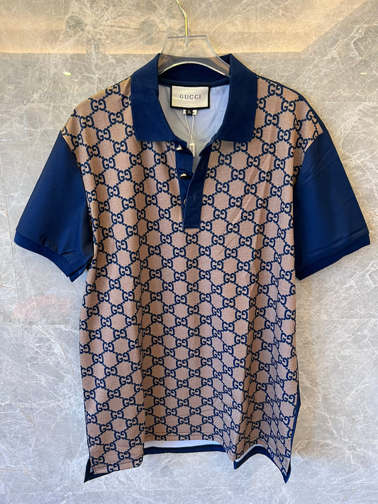 Polo beige y azul marino con monograma de Gucci y estampado GG
