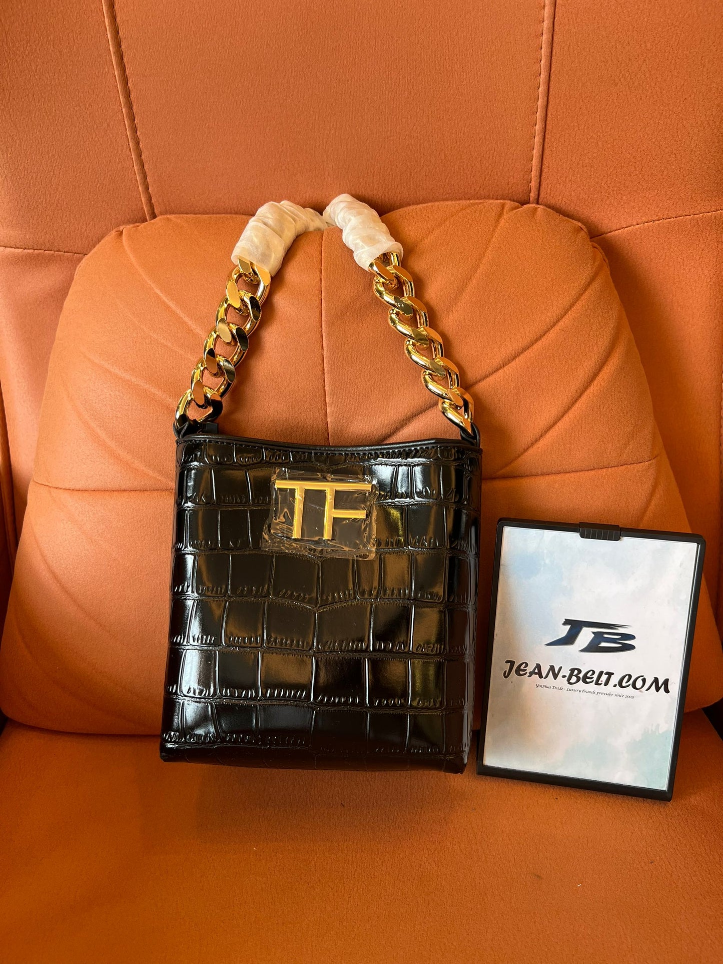 Bolso mini TOM FORD con cadena maxi y estampado de cocodrilo en negro