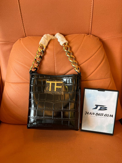 Bolso mini TOM FORD con cadena maxi y estampado de cocodrilo en negro