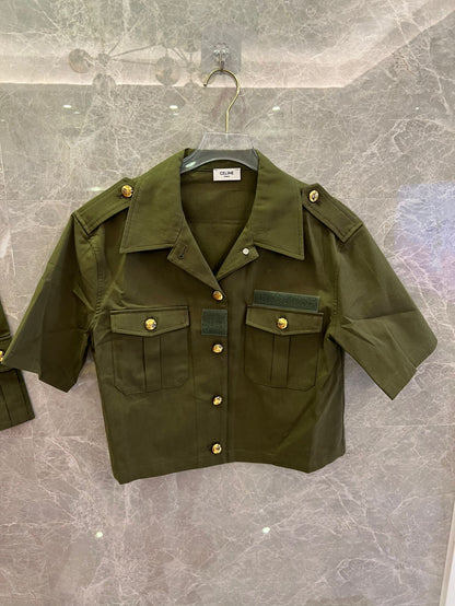 Celine Military Green Utility Jacket and Cargo Shorts Set