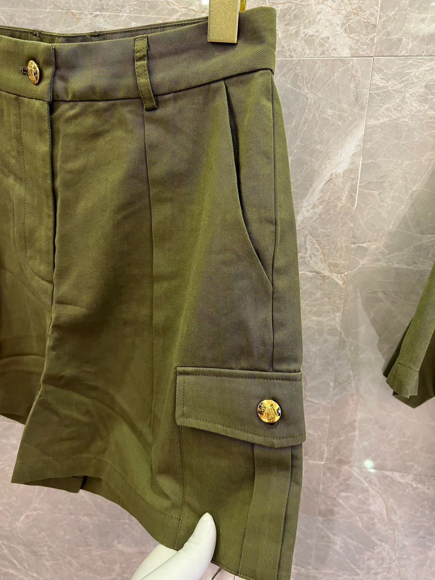 Celine Military Green Utility Jacket and Cargo Shorts Set