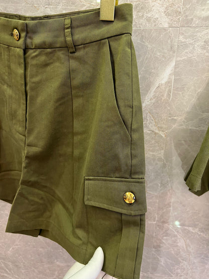 Celine Military Green Utility Jacket and Cargo Shorts Set