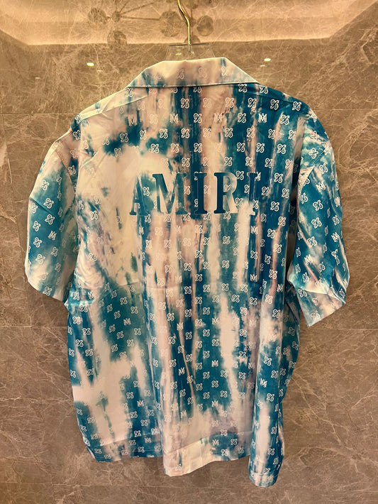 Amiri Blue Tie-Dye Silk Short-Sleeve Shirt with Monogram Print