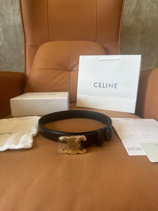 Celine Black Leather Belt with Gold Triomphe Buckle