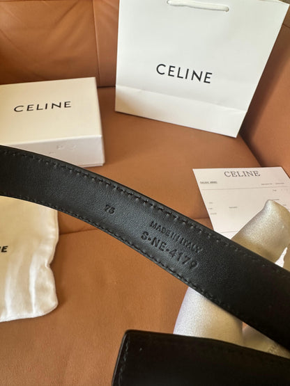 Celine Black Leather Belt with Gold Triomphe Buckle