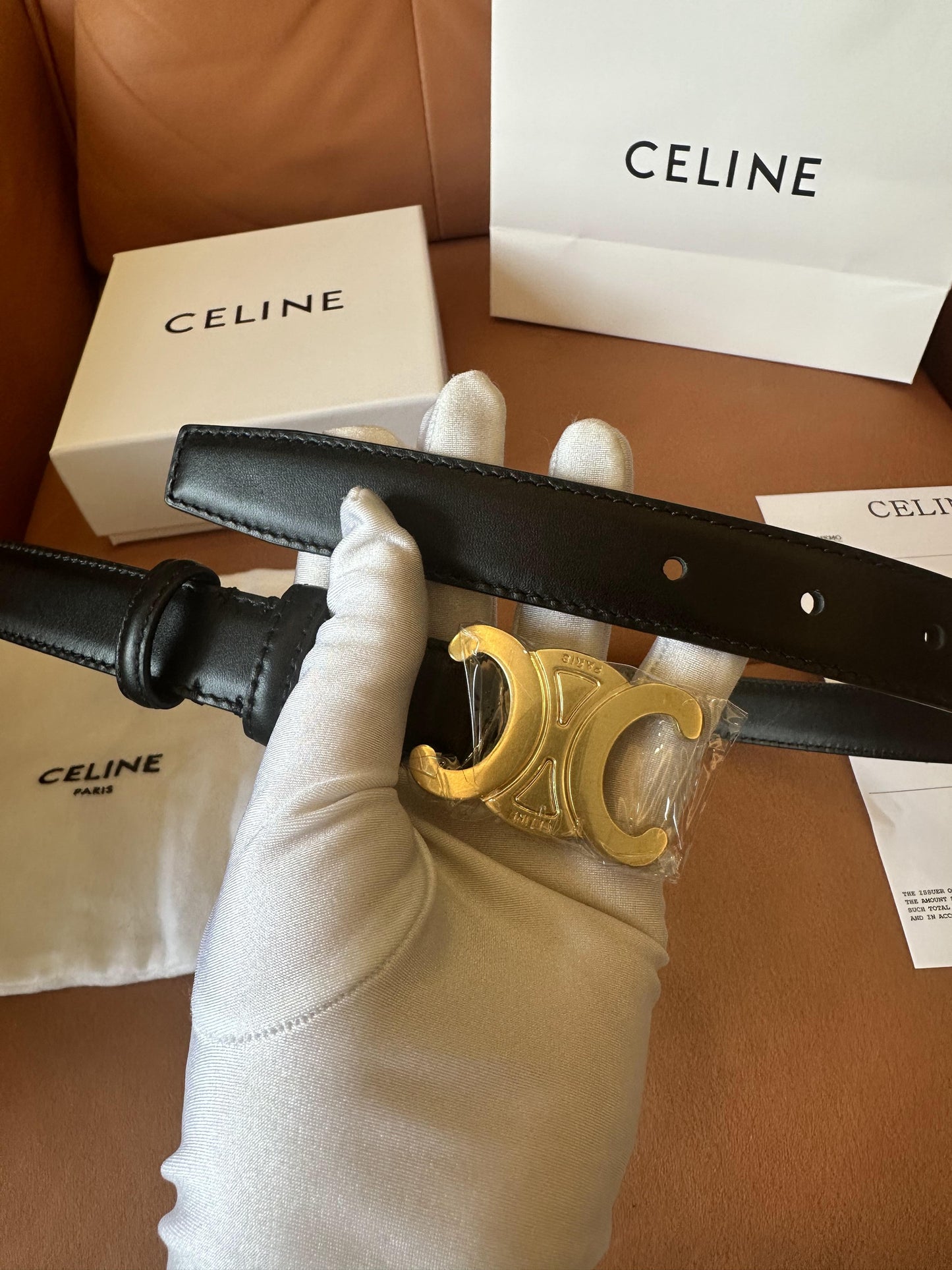 Celine Black Leather Belt with Gold Triomphe Buckle