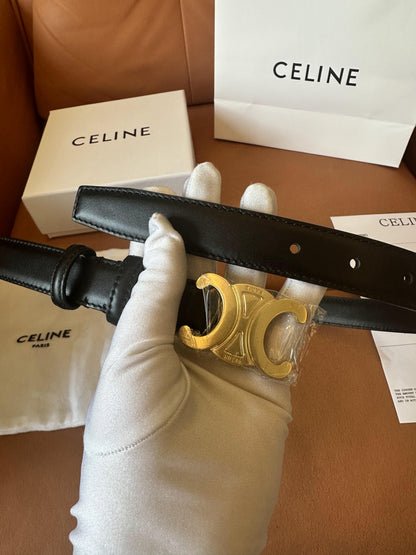 Celine Black Leather Belt with Gold Triomphe Buckle