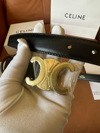 Celine Black Leather Belt with Gold Triomphe Buckle