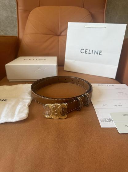 Cinturón Celine de piel marrón con hebilla Triomphe dorada