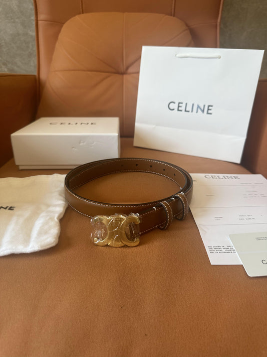 Celine Brown Leather Belt with Gold Triomphe Buckle