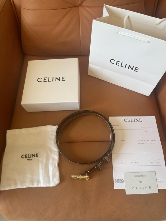 Celine Brown Leather Belt with Gold Triomphe Buckle