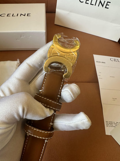 Cinturón Celine de piel marrón con hebilla Triomphe dorada
