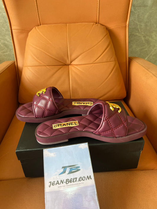 Chanel Quilted Lambskin Slide Sandals in Burgundy