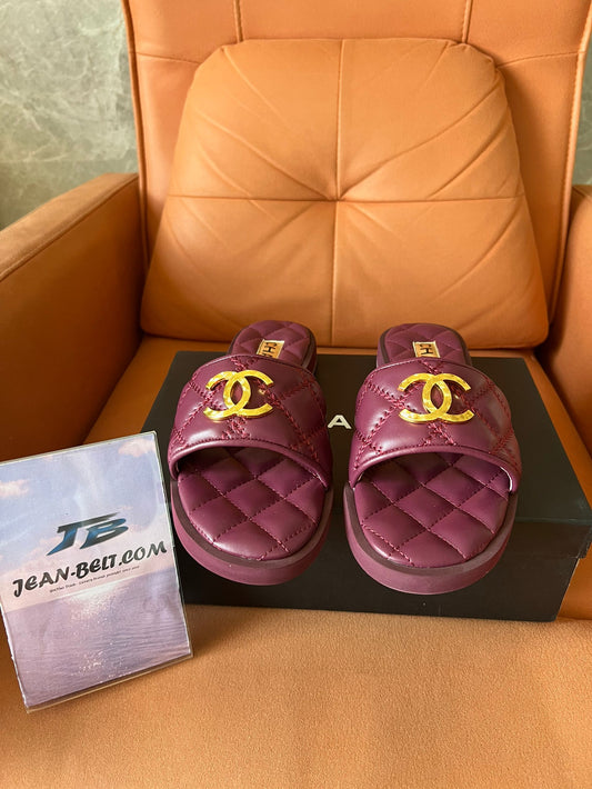 Chanel Quilted Lambskin Slide Sandals in Burgundy