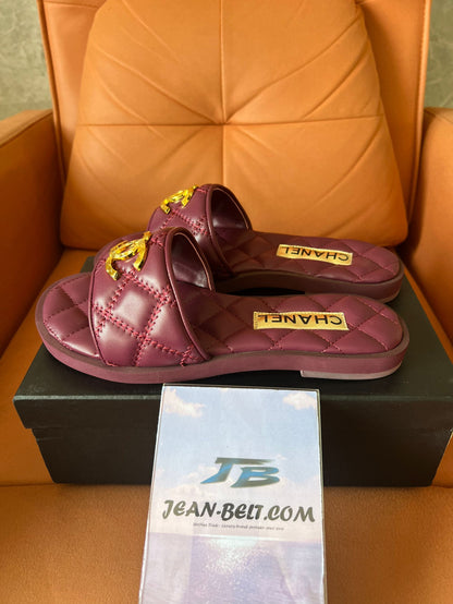 Chanel Quilted Lambskin Slide Sandals in Burgundy