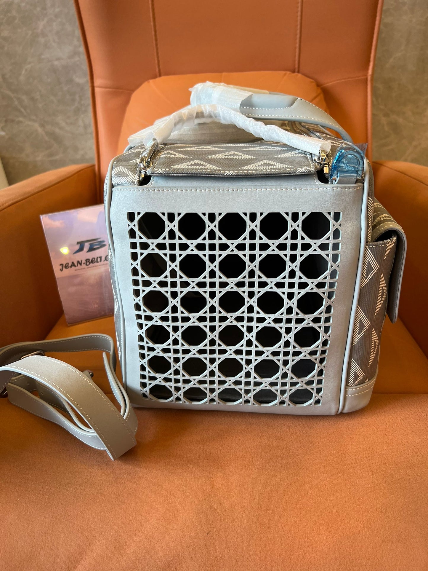 Bolso de transporte para mascotas Hit the Road de Dior en lona de algodón gris revestida con estampado de diamantes CD