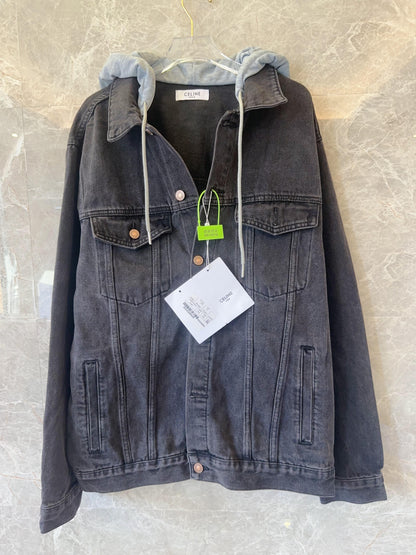 Celine Black Denim Jacket with Grey Logo Hoodie