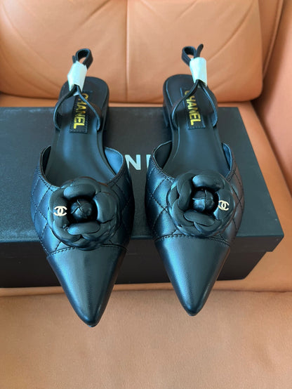 Chanel Lambskin Quilted Camellia Pointed-Toe Mueller Shoes