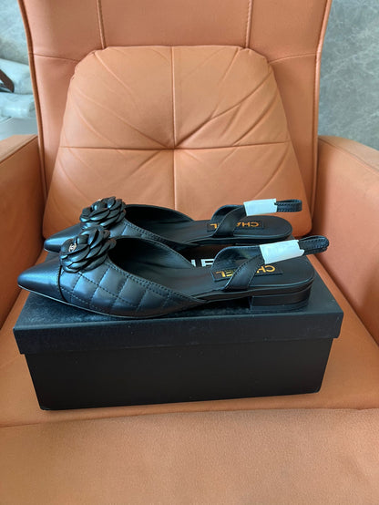 Chanel Lambskin Quilted Camellia Pointed-Toe Mueller Shoes