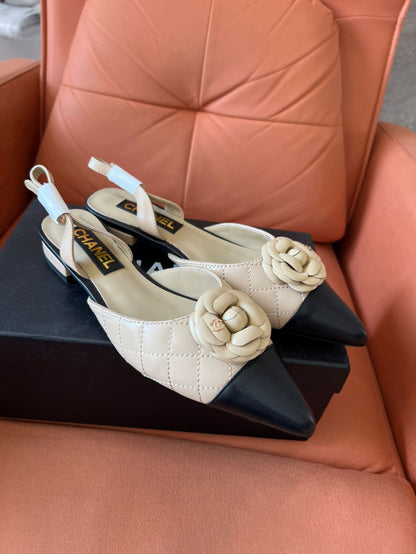 Chanel Women's Lambskin Quilted Camellia Pointed-Toe Mueller Shoes