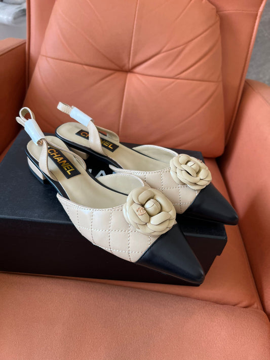 Chanel Women's Lambskin Quilted Camellia Pointed-Toe Mueller Shoes