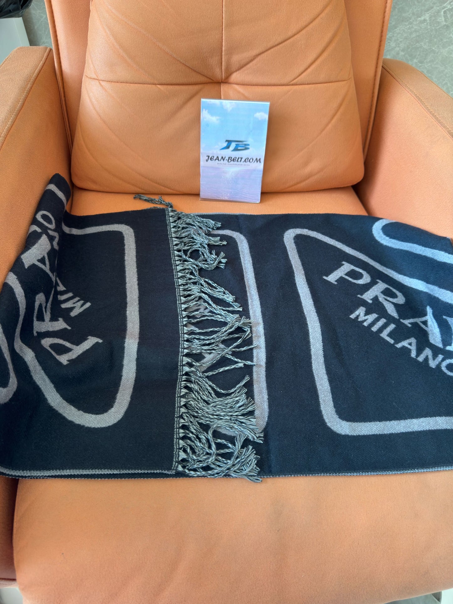 Prada black and grey wool scarf with logo design