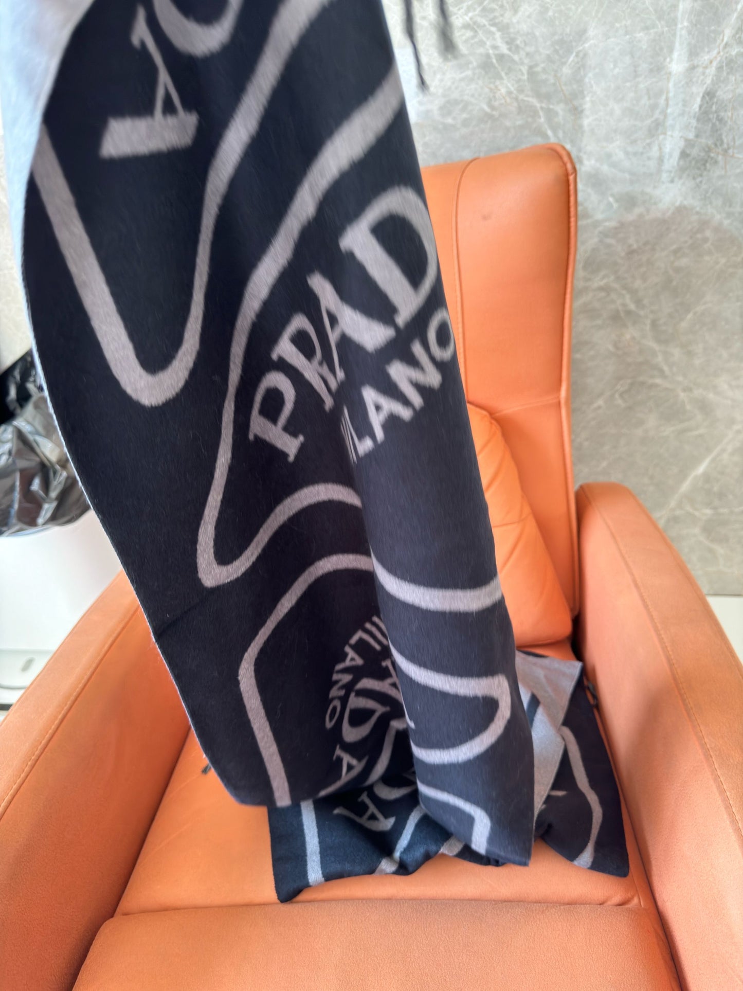 Prada black and grey wool scarf with logo design
