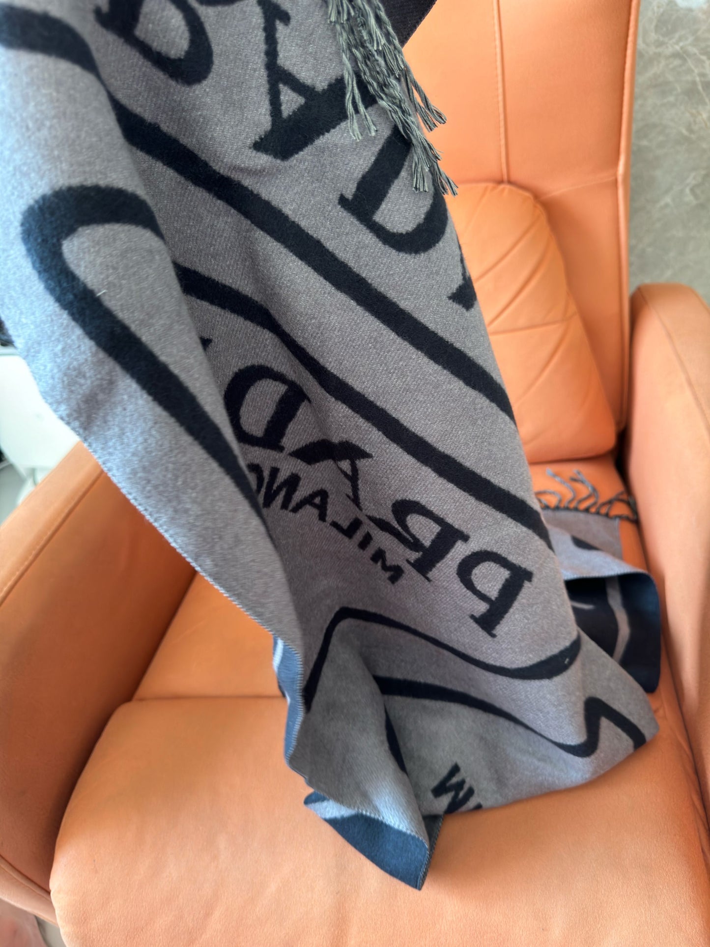Prada black and grey wool scarf with logo design