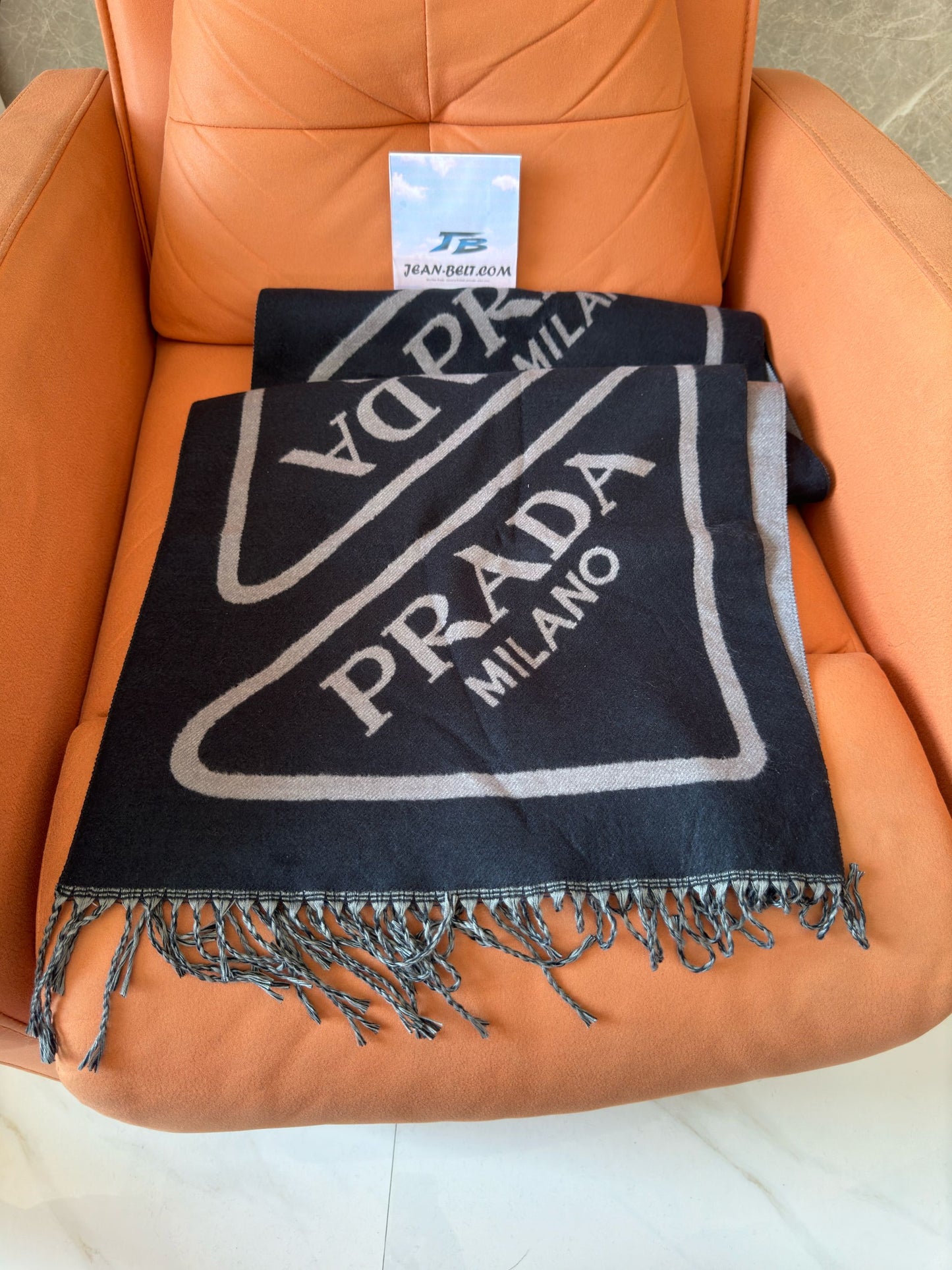 Prada black and grey wool scarf with logo design
