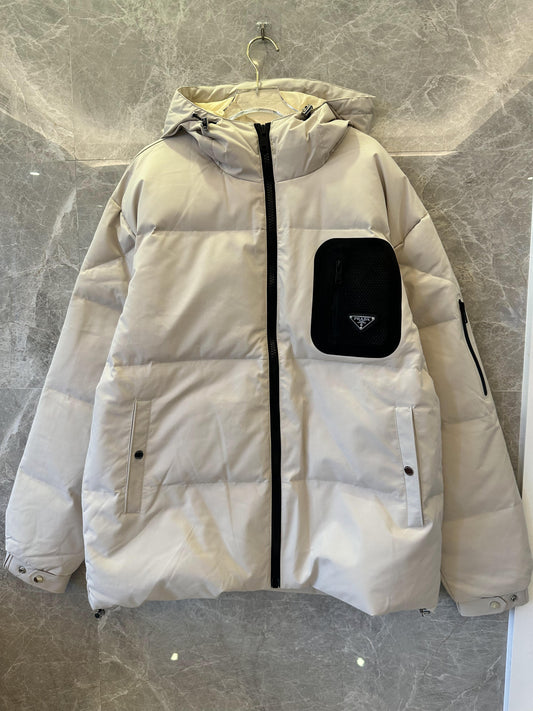 Prada classic beige hooded puffer jacket with black logo detail