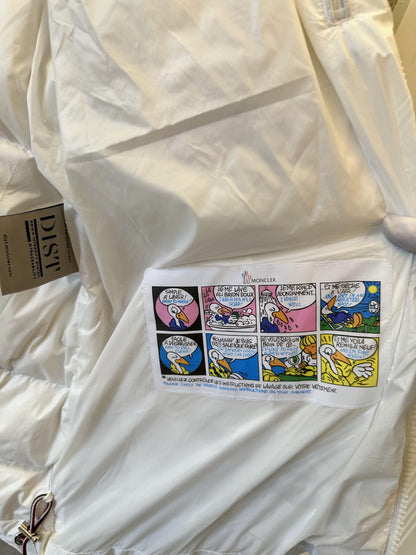 Moncler white hooded puffer jacket with black logo detail