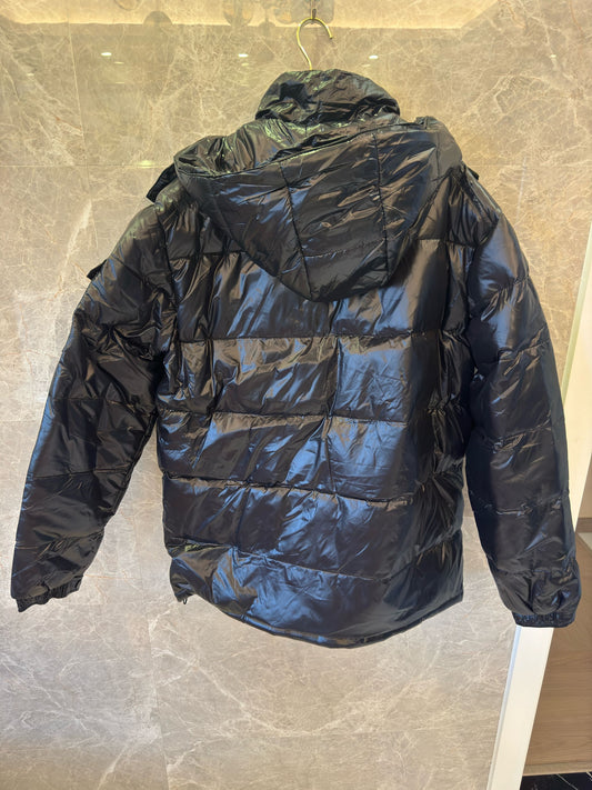 Prada black high-shine puffer jacket with hooded design