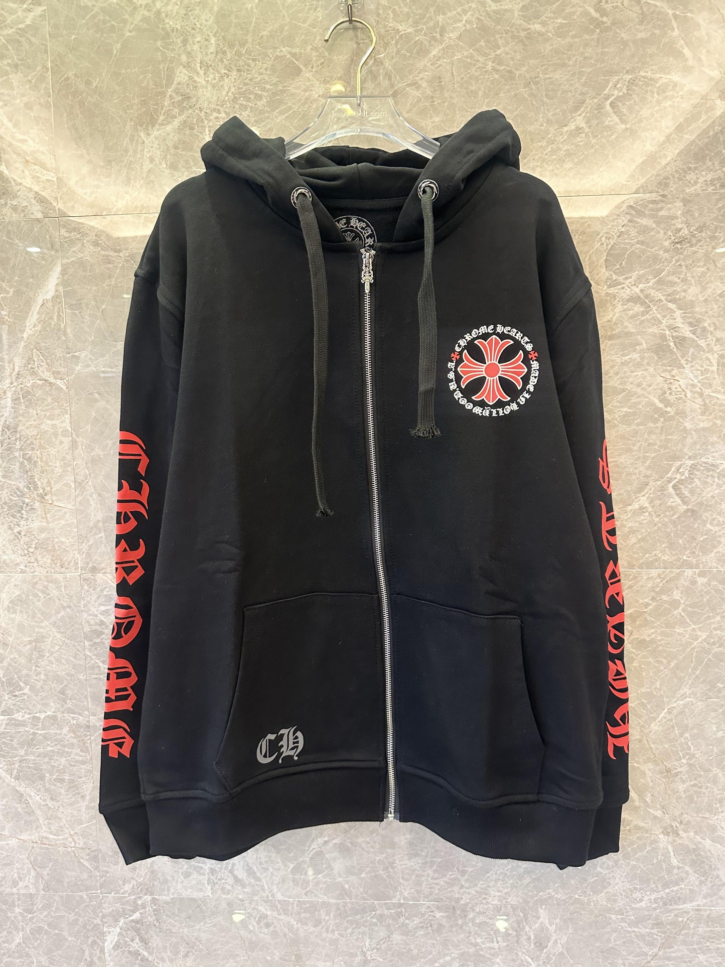 Moletom com capuz preto Chrome Hearts com zíper e estampa de cruz vermelha