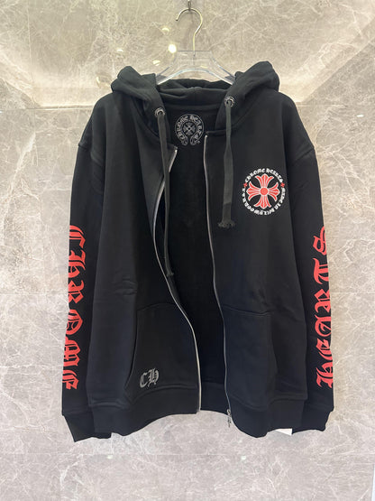 Moletom com capuz preto Chrome Hearts com zíper e estampa de cruz vermelha