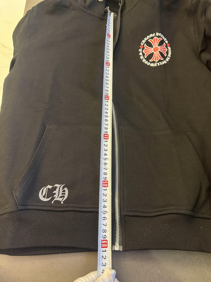 Moletom com capuz preto Chrome Hearts com zíper e estampa de cruz vermelha