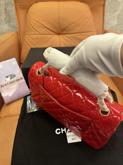 Chanel Patent Leather Red Classic Double Flap Bag Medium