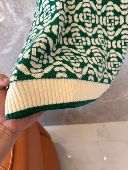 Casablanca Green & White Geometric Knit Sweater with Logo Patch