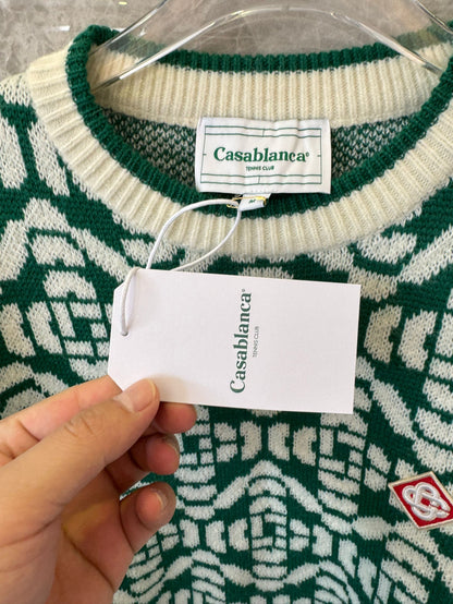 Casablanca Green & White Geometric Knit Sweater with Logo Patch