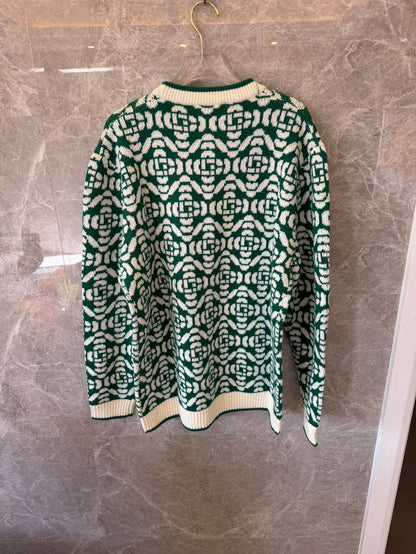 Casablanca Green & White Geometric Knit Sweater with Logo Patch