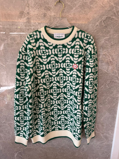 Casablanca Green & White Geometric Knit Sweater with Logo Patch