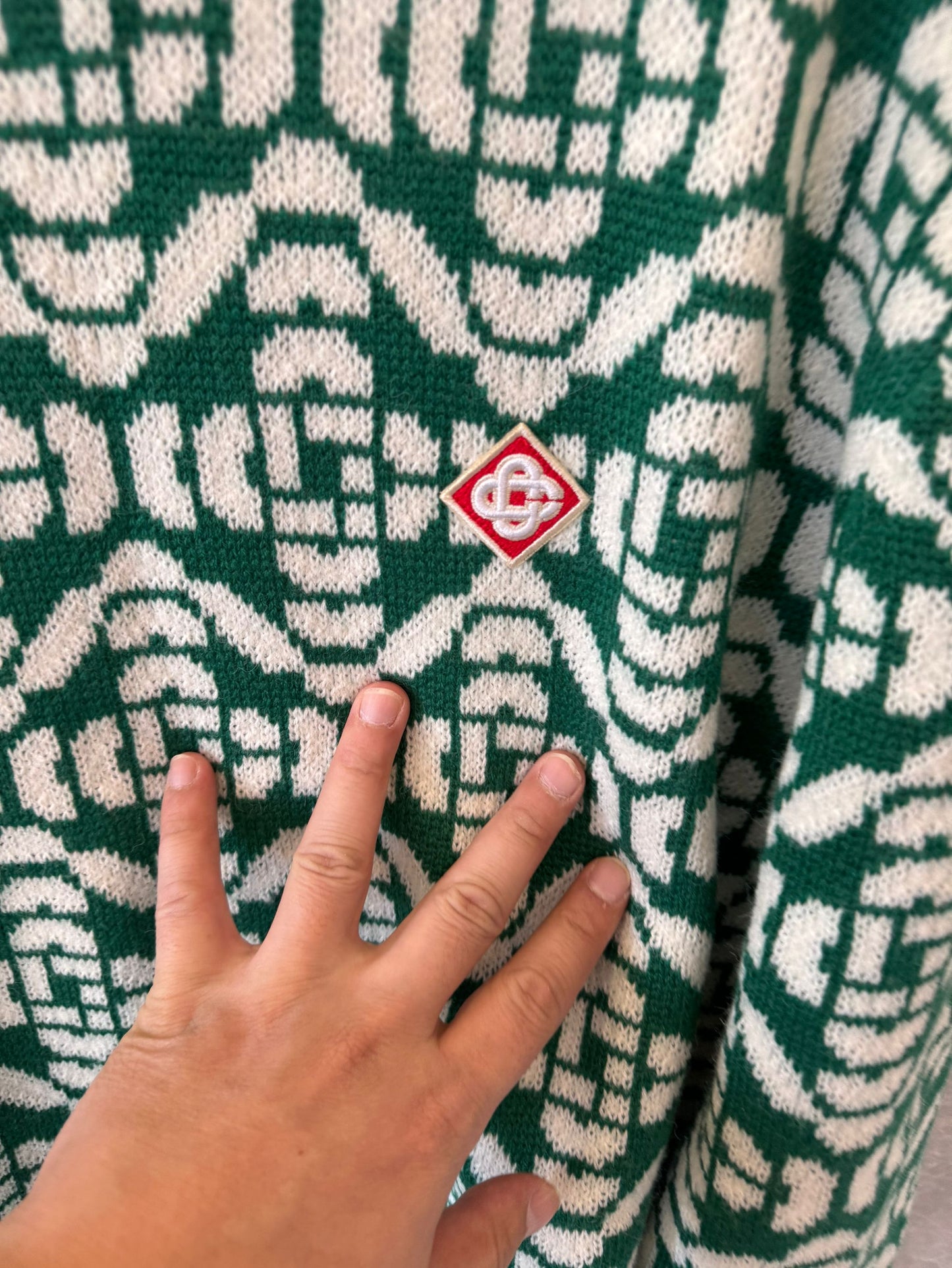 Casablanca Green & White Geometric Knit Sweater with Logo Patch