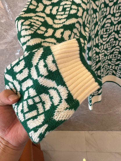 Casablanca Green & White Geometric Knit Sweater with Logo Patch