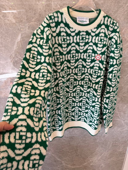 Casablanca Green & White Geometric Knit Sweater with Logo Patch