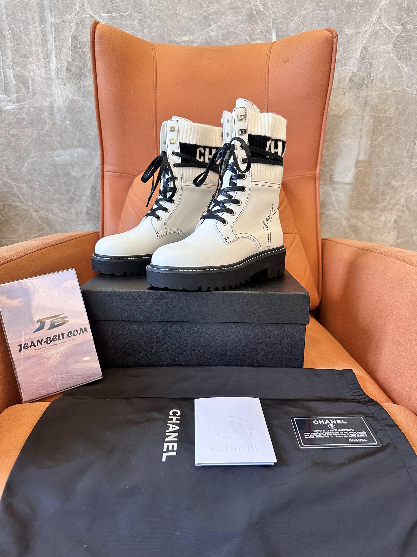 Chanel White Combat Boots with Ribbed Knit Logo Socks