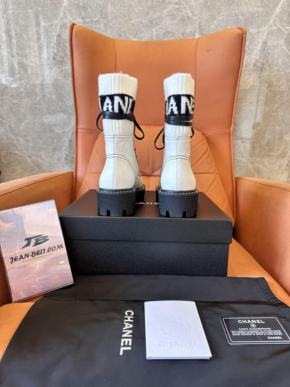 Chanel White Combat Boots with Ribbed Knit Logo Socks