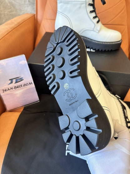 Chanel White Combat Boots with Ribbed Knit Logo Socks