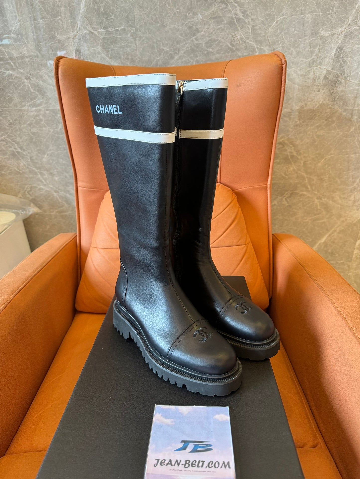 Chanel Rubber Logo Rain Boots Black White