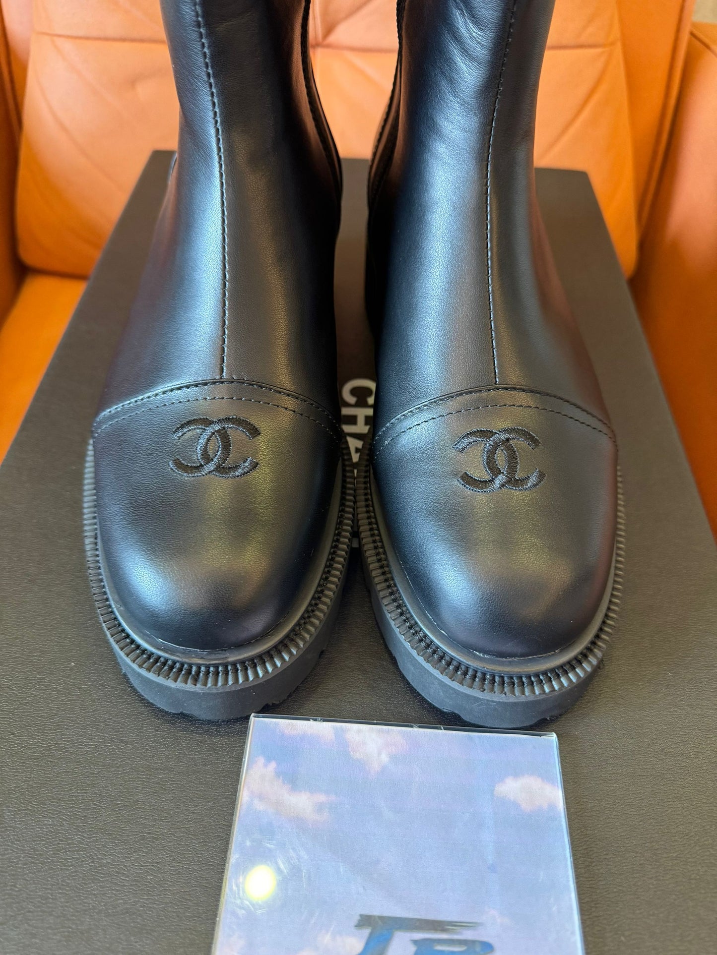 Chanel Rubber Logo Rain Boots Black White