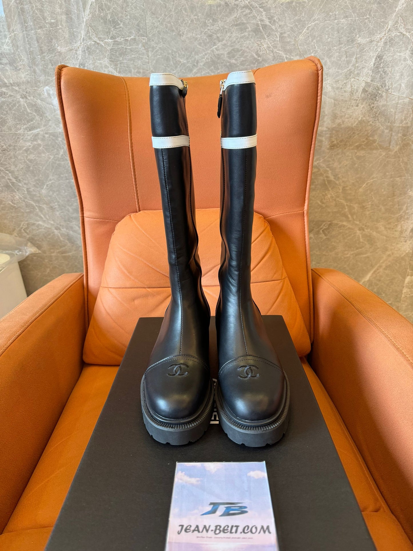 Chanel Rubber Logo Rain Boots Black White